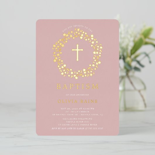 Blush Floral First Baptism Folie Invitation Folie Uitnodiging (Staand Voorkant)