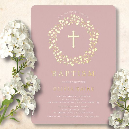 Blush Floral First Baptism Folie Invitation Folie Uitnodiging