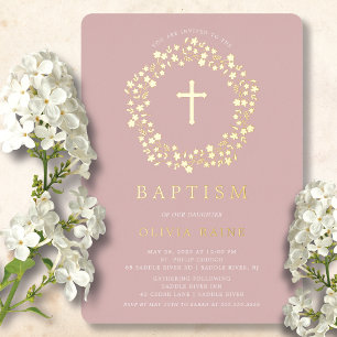 Blush Floral First Baptism Folie Invitation Uitnodiging