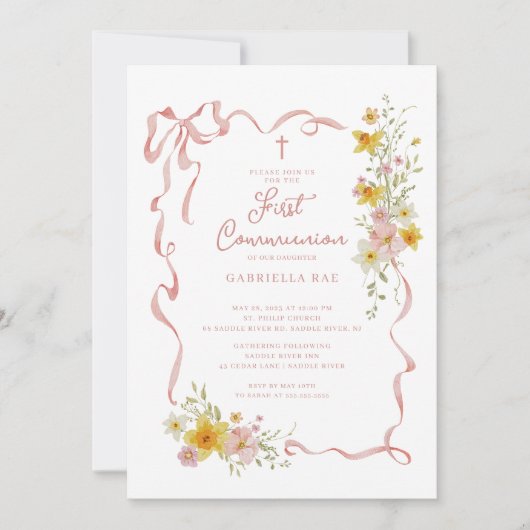 Blush Floral First Communion Invitation Kaart (Voorkant)