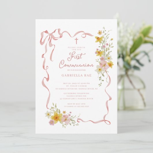 Blush Floral First Communion Invitation Kaart (Staand voorkant)