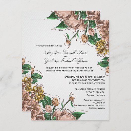 Blush Floral Formal Wedding Invite Kaart (Voorkant / Achterkant)