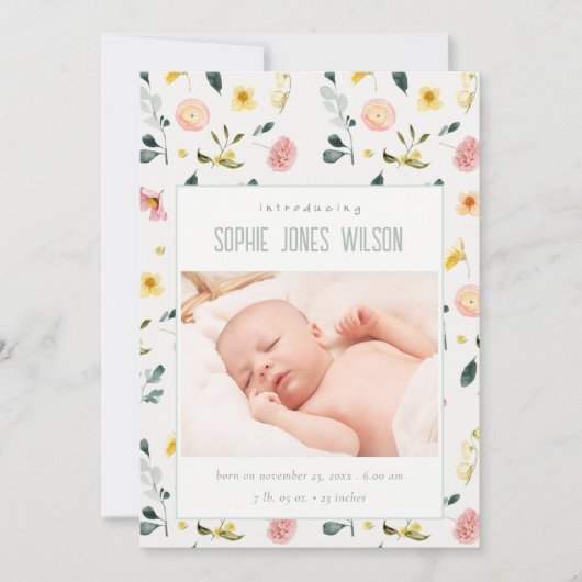 Blush Floral Foto Baby Girl Aankondiging geboorte (Voorkant)