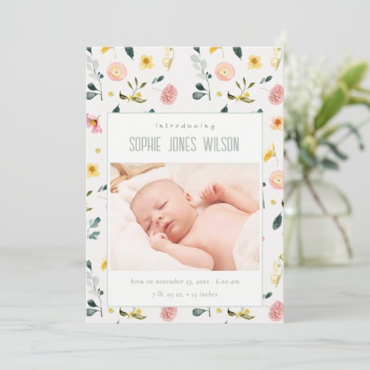 Blush Floral Foto Baby Girl Aankondiging geboorte (Staand voorkant)