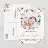 Blush Floral Foto geboorteaankondiging & bedankt Briefkaart (Voorkant / Achterkant)