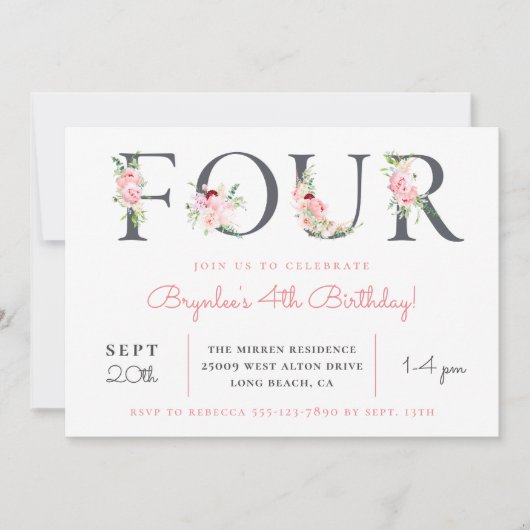 Blush Floral FOUR | 4e verjaardag Kaart (Voorkant)