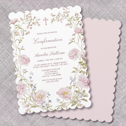 Blush Floral Frame Confirmation Invitation Kaart