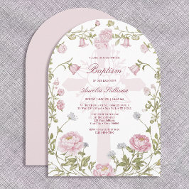 Blush Floral Frame Holy Cross Baptism Invitation Kaart