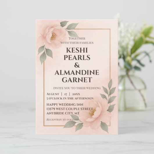 Blush Floral Frame Wedding Invitation Kaart (Staand voorkant)