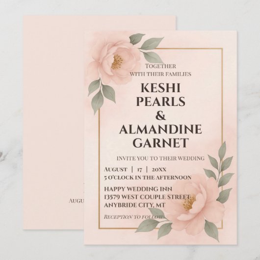 Blush Floral Frame Wedding Invitation Kaart (Voorkant / Achterkant)