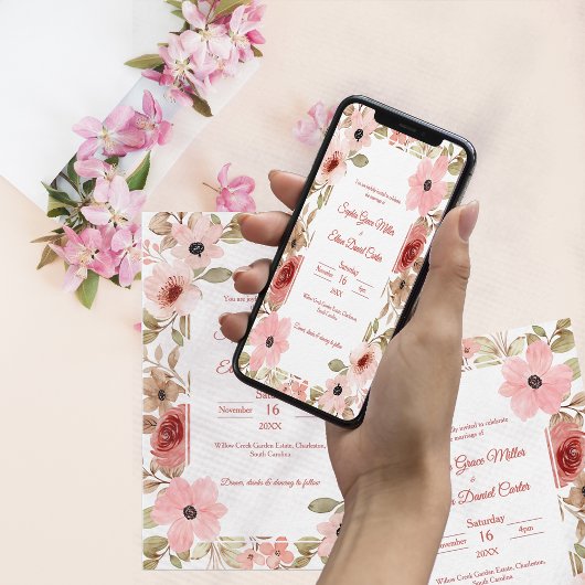 Blush Floral Garden Border Wedding Invitation Kaart