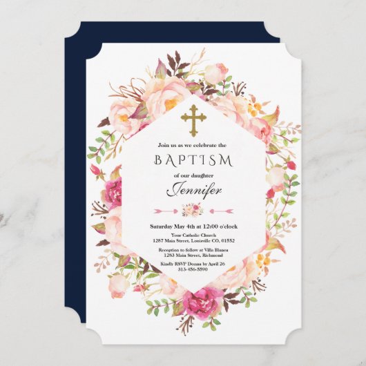 blush Floral Geometric Dusty Blue Baptisme Kaart (Voorkant / Achterkant)