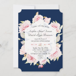 Blush Floral Geometric Navy Blue Wedding Kaart