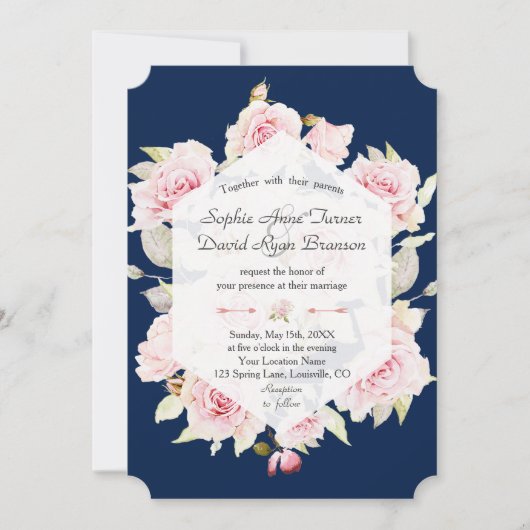  Blush Floral Geometric Navy Blue Wedding Kaart (Voorkant)