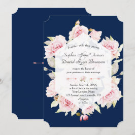  Blush Floral Geometric Navy Blue Wedding Kaart