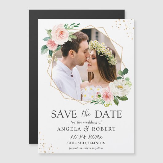 Blush Floral Geometric Photo Save the Date Magnet (Voorkant / Achterkant)