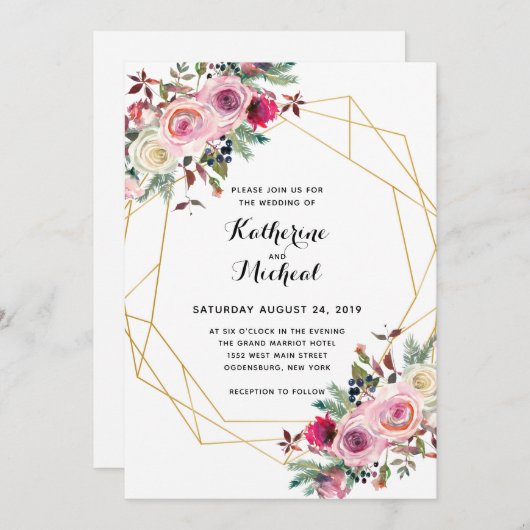 Blush floral geometrische bruiloft uitnodiging (Voorkant / Achterkant)