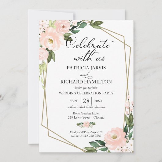 Blush Floral Geometrische Casual bruiloft uitnodig Kaart (Voorkant)