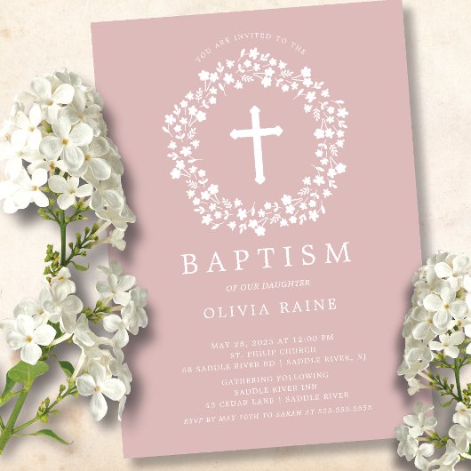 Blush Floral Girls Baptism Invitation Kaart