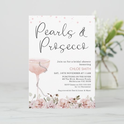 Blush Floral Glass Pearls Prosecco Vrijgezellenfee Kaart (Staand voorkant)