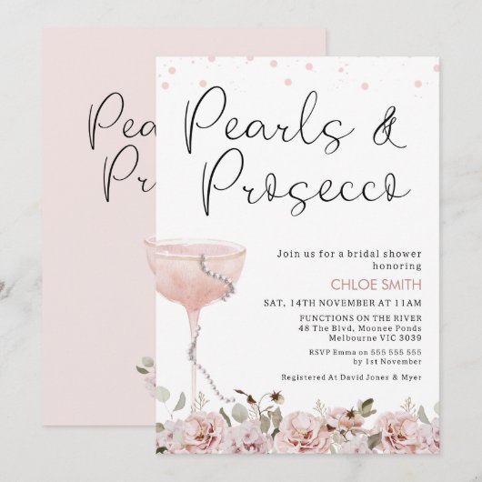 Blush Floral Glass Pearls Prosecco Vrijgezellenfee Kaart (Voorkant / Achterkant)