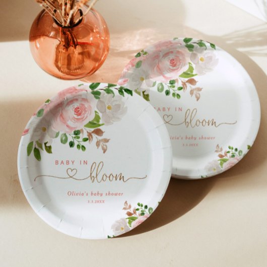 Blush floral gold baby in bloei baby shower papieren bordje