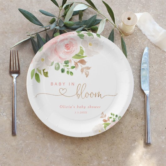 Blush floral gold baby in bloei baby shower papieren bordje