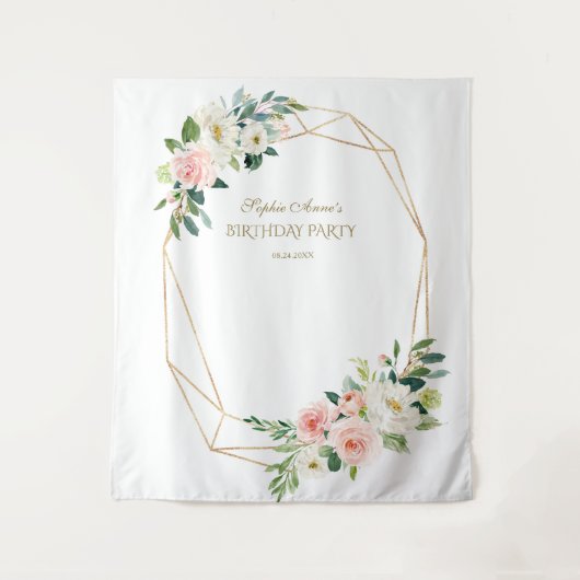 Blush Floral Gold Birthday Party Photo Booth Prop Wandkleed (Voorkant)