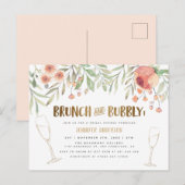 Blush Floral & Gold Brunch & Bubble Vrijgezellenfe Uitnodiging Briefkaart (Voorkant / Achterkant)