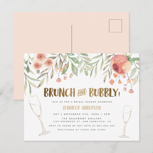 Blush Floral & Gold Brunch & Bubble Vrijgezellenfe Uitnodiging Briefkaart (Voorkant / Achterkant)