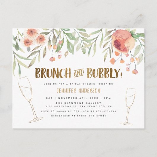 Blush Floral & Gold Brunch & Bubble Vrijgezellenfe Uitnodiging Briefkaart (Voorkant)