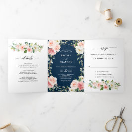 Blush Floral Gold Geometric Botanical Weddenschap Drieluik Aankondiging