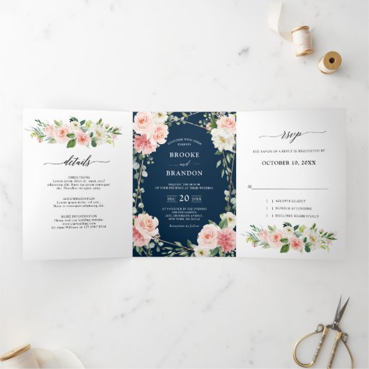 Blush Floral Gold Geometric Botanical Weddenschap Drieluik Aankondiging (Binnen)
