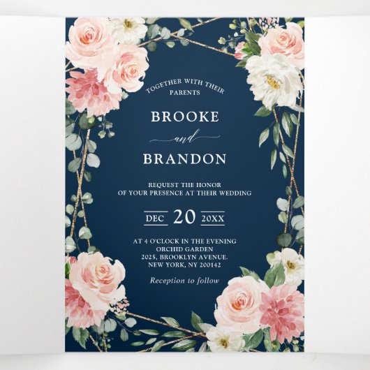 Blush Floral Gold Geometric Botanical Weddenschap Drieluik Aankondiging (Binnenkant midden)