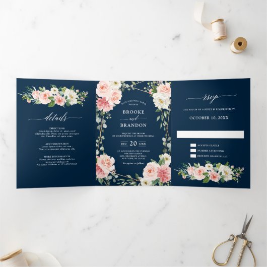 Blush Floral Gold Geometric Botanical Weddenschap Drieluik Aankondiging (Binnen)