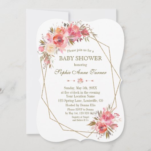Blush Floral Gold Glitter Lijst Baby shower Kaart (Voorkant)