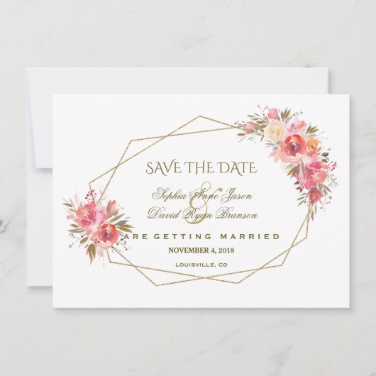 Blush Floral Gold Glitter Lijst Save the Date (Voorkant)
