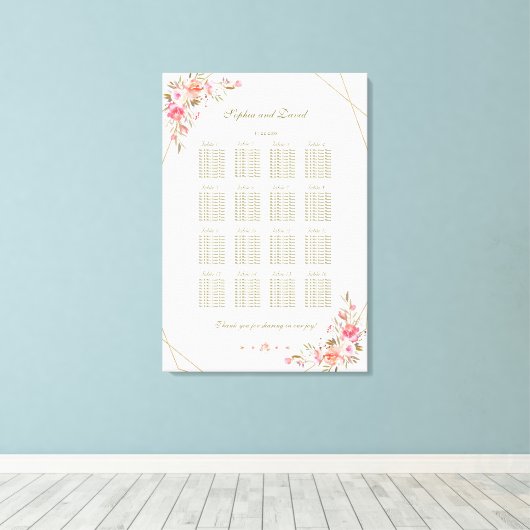 Blush Floral Gold Glitter Lijst Seating Chart Canvas Afdruk (Insitu (Houten vloer))