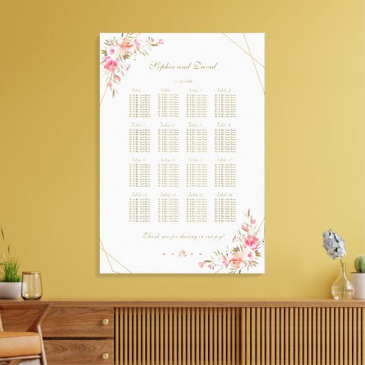 Blush Floral Gold Glitter Lijst Seating Chart Canvas Afdruk (Insitu (Woonkamer))