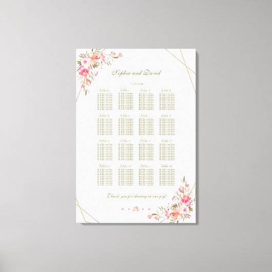 Blush Floral Gold Glitter Lijst Seating Chart Canvas Afdruk (Voorkant)