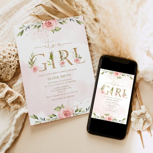 Blush floral gold Het is een meisje baby shower Kaart
