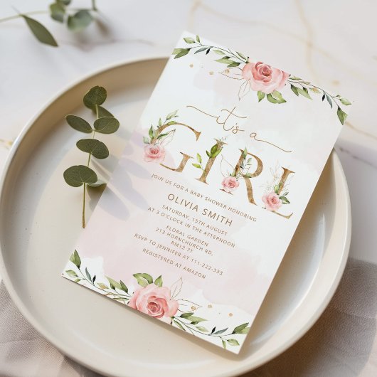 Blush floral gold Het is een meisje baby shower Kaart
