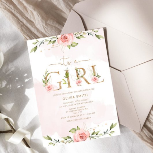 Blush floral gold Het is een meisje baby shower Kaart