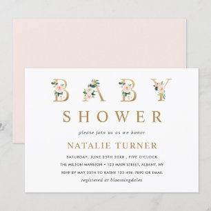 Blush Floral Gold Letters Baby shower Invitation Kaart