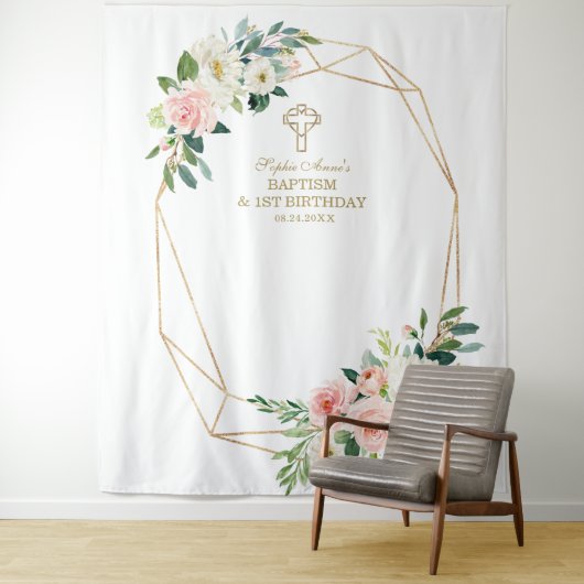 Blush Floral Gold Lijst 1e verjaardag Baptisme Dro Wandkleed (In situ)