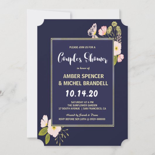 Blush Floral Gold Lijst Navy Blue Couple's Shower Kaart (Voorkant)