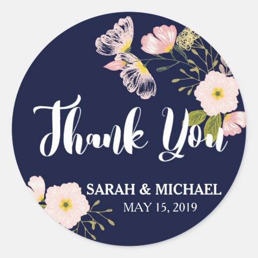 Blush Floral Gold Lijst Navy Blue Custom Wedding Ronde Sticker (Voorkant)