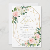 Blush Floral & Gold Lijst Photo Baptisme Invitatio Kaart (Voorkant)