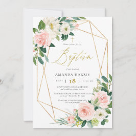 Blush Floral & Gold Lijst Photo Baptisme Invitatio Kaart