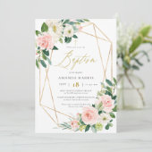 Blush Floral & Gold Lijst Photo Baptisme Invitatio Kaart (Staand voorkant)